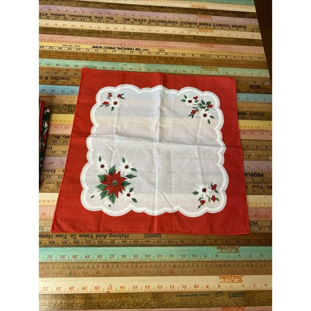 Vintage Christmas Napkins Cloth Set 8 Red Holly Poinsettia Patchwork Retro